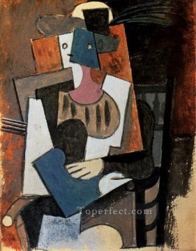  Plumas Pintura Art%c3%adstica - Mujer con sombrero de plumas sentada en un sillón cubista de 1919 Pablo Picasso